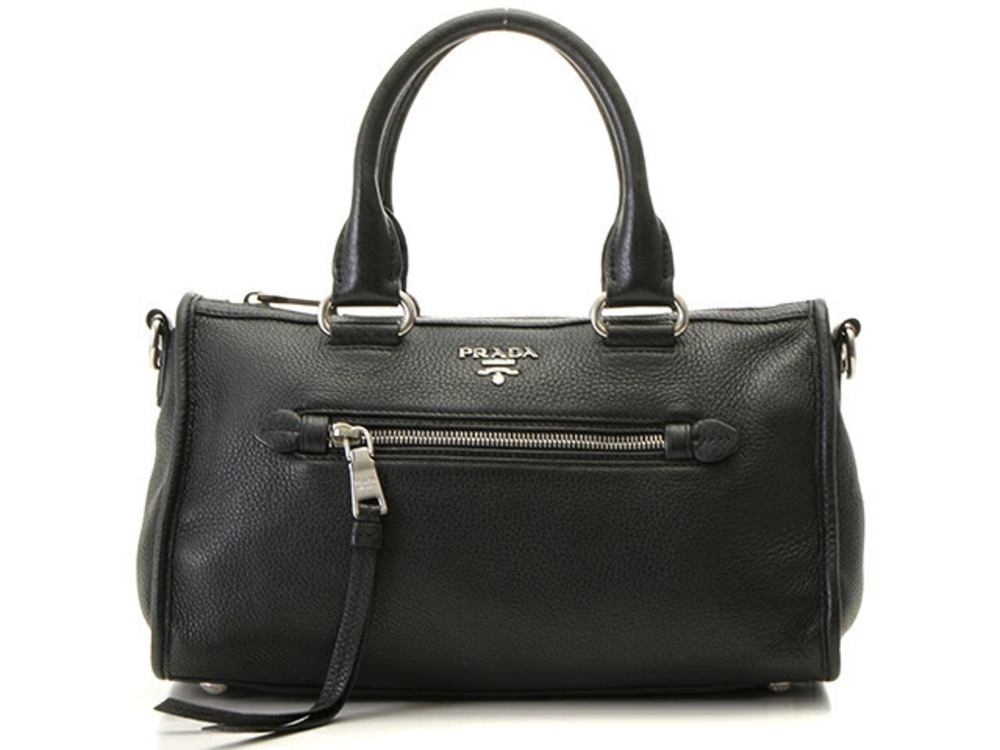 Prada black Vitello Phenix leather front zip satchel rolled top handles